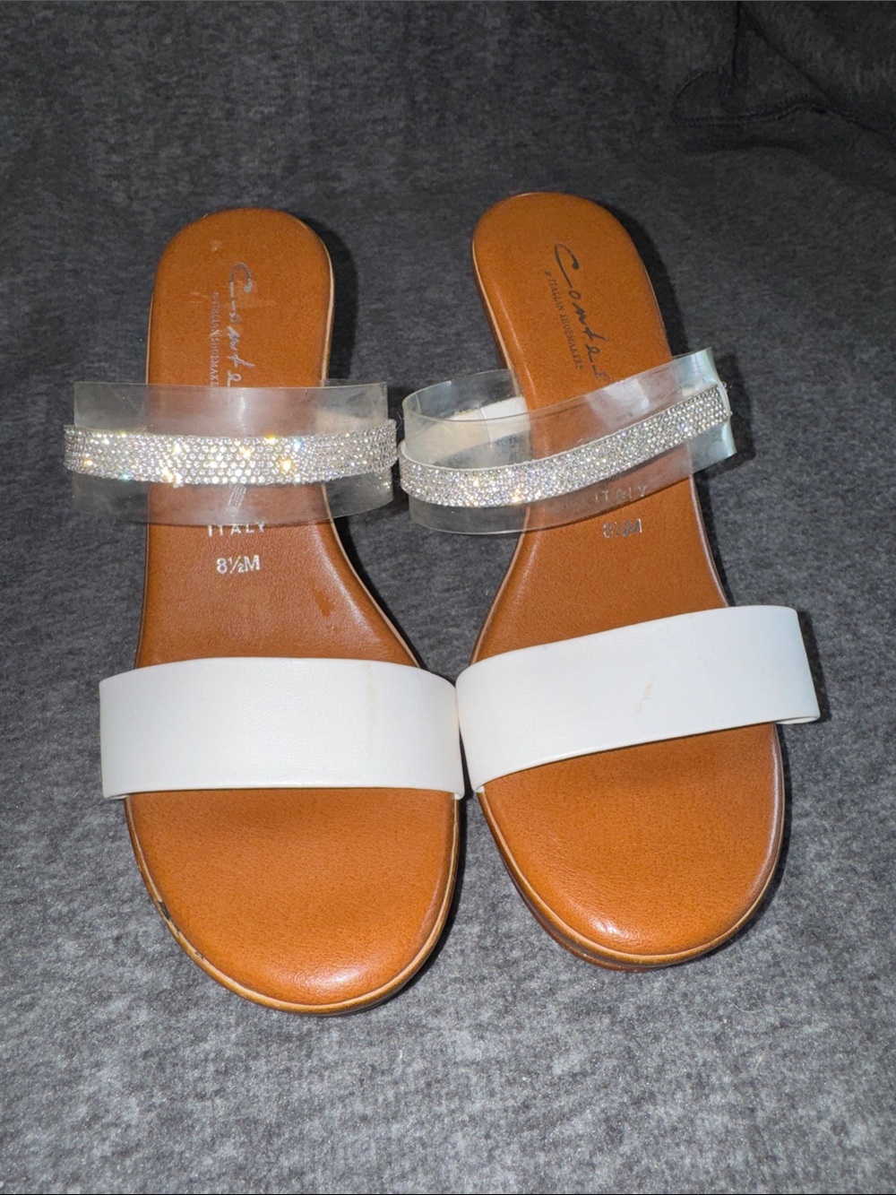 Women's White & Clear Slide Sandals with Sparkle Strap